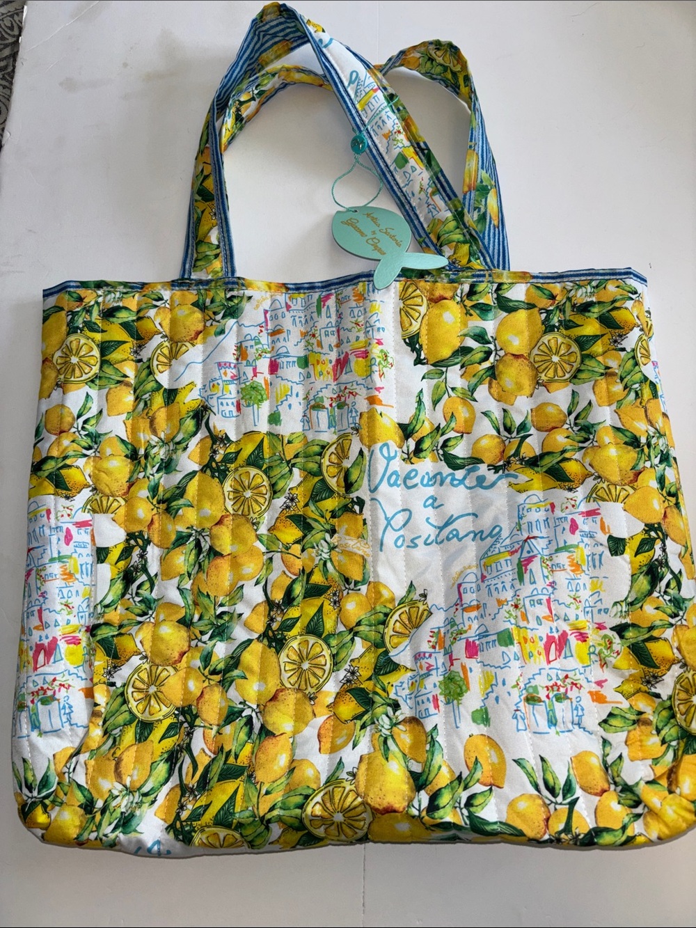 ANTICA SARTORIA QUILTED TOTE BAG LEMONS AND VILLAGE SCENE PRINT COTTON OUTSIDE